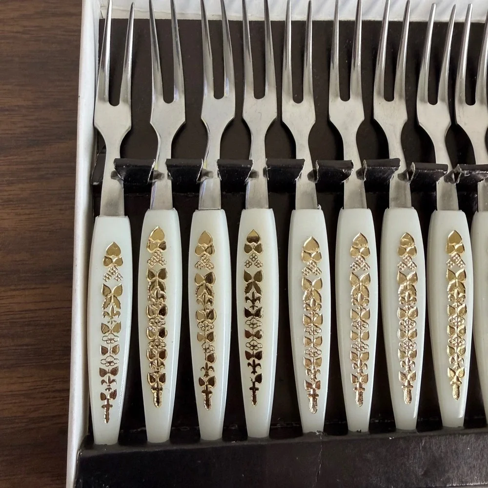 Vintage MCM Stainless Steel Mini Appetizer Forks Gold Filigree White Handles 12